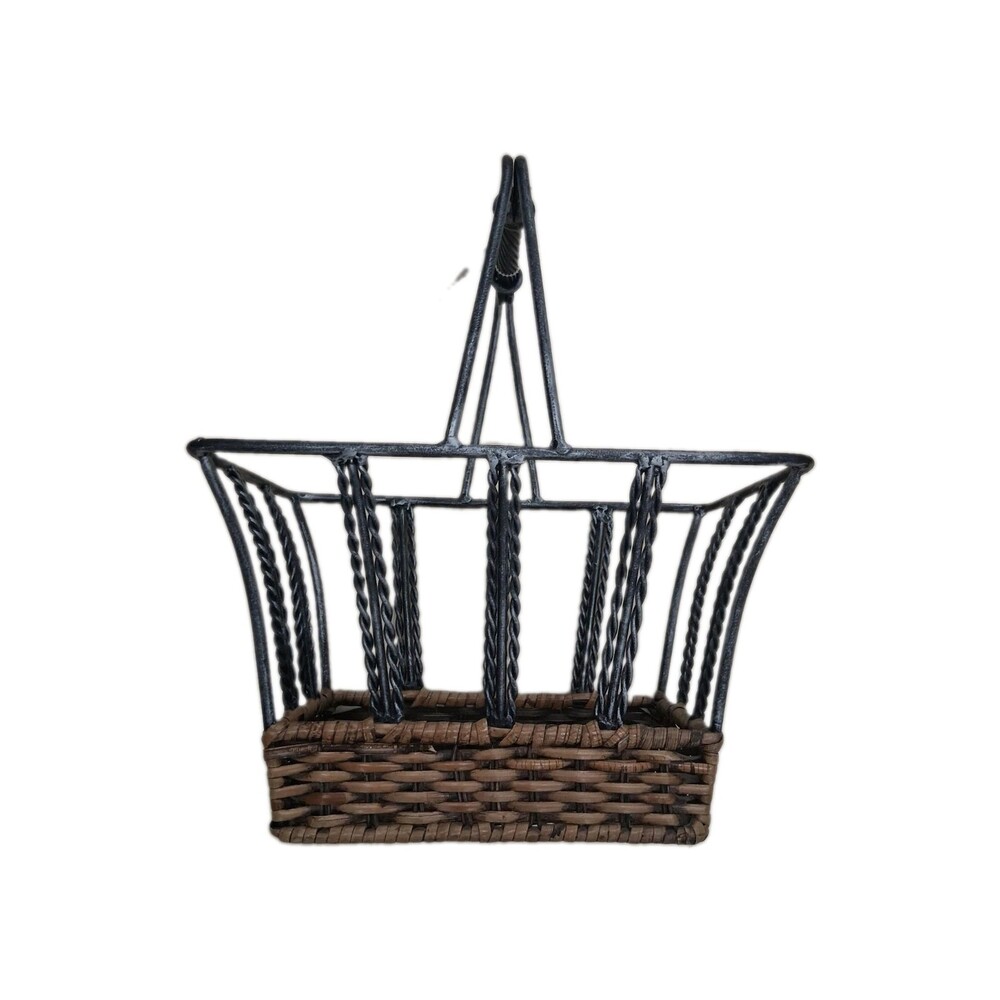 Vintage Wicker and Metal Storage Basket Caddy Twisted Iron Handle Farmhouse Boho